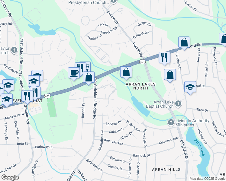 map of restaurants, bars, coffee shops, grocery stores, and more near 1123 Southwood Drive in Fayetteville