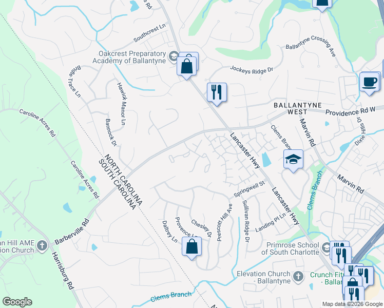 map of restaurants, bars, coffee shops, grocery stores, and more near 12335 Bluestem Lane in Charlotte
