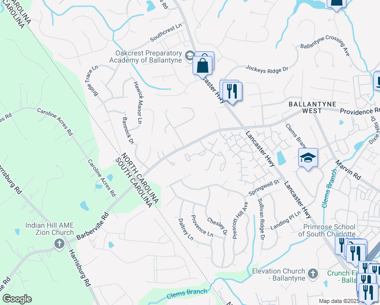 map of restaurants, bars, coffee shops, grocery stores, and more near 12593 Bluestem Lane in Charlotte