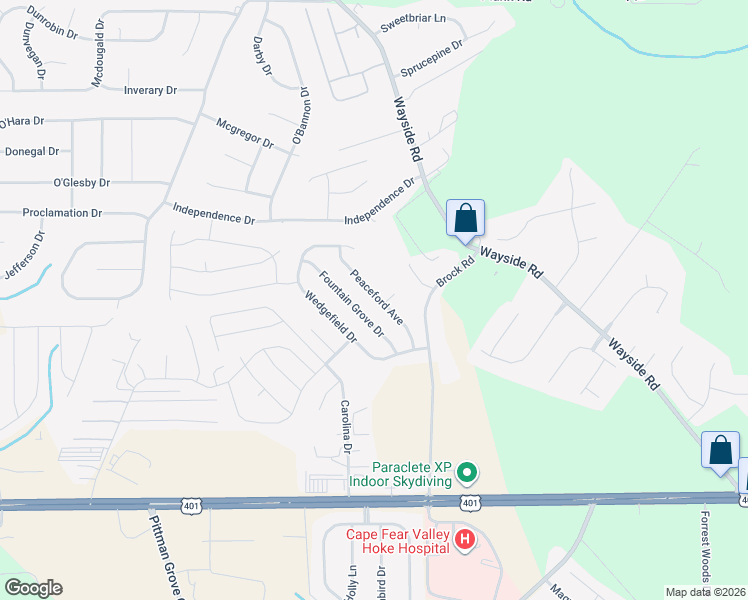 map of restaurants, bars, coffee shops, grocery stores, and more near 236 Fountain Grove Drive in Raeford