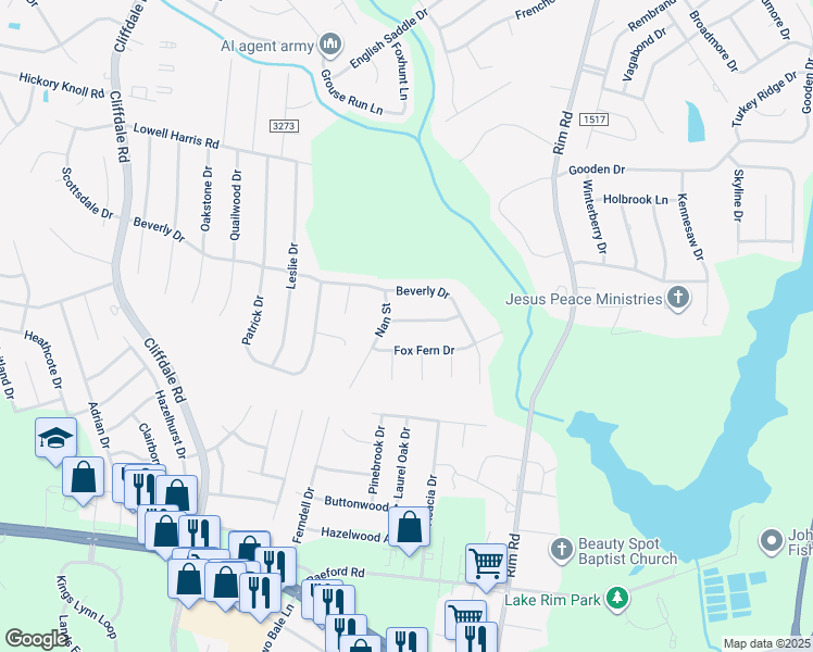 map of restaurants, bars, coffee shops, grocery stores, and more near 7591 Shumont Drive in Fayetteville