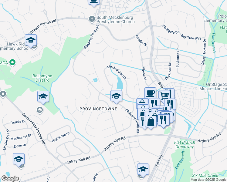 map of restaurants, bars, coffee shops, grocery stores, and more near 11624 Borchetta Drive in Charlotte