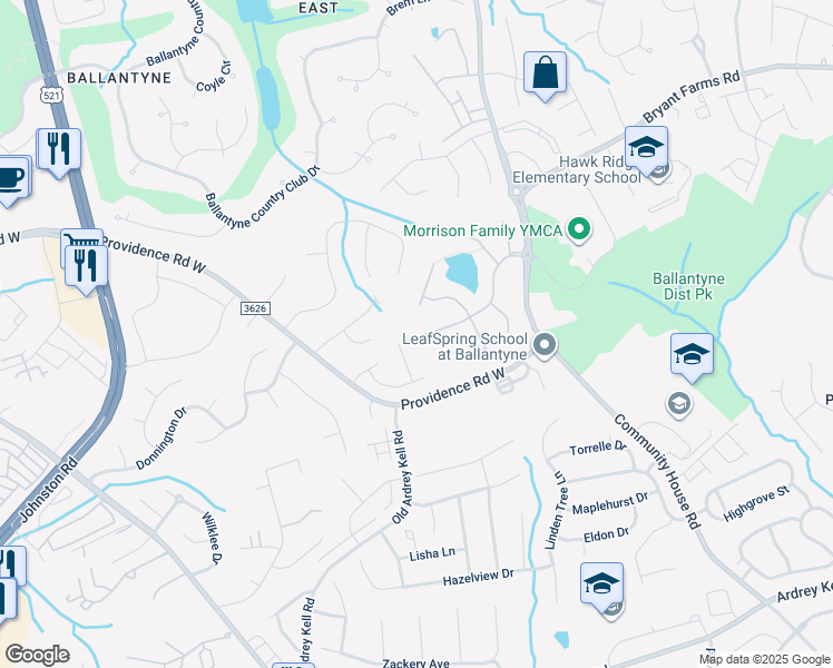 map of restaurants, bars, coffee shops, grocery stores, and more near 10238 Willow Rock Drive in Charlotte