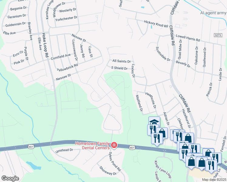 map of restaurants, bars, coffee shops, grocery stores, and more near 1500 Spotted Horse Lane in Fayetteville