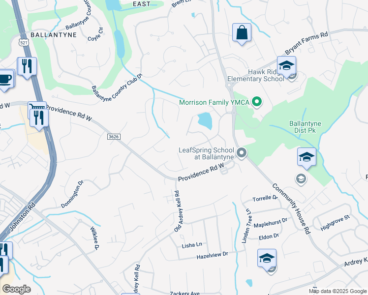 map of restaurants, bars, coffee shops, grocery stores, and more near 10238 Willow Rock Drive in Charlotte
