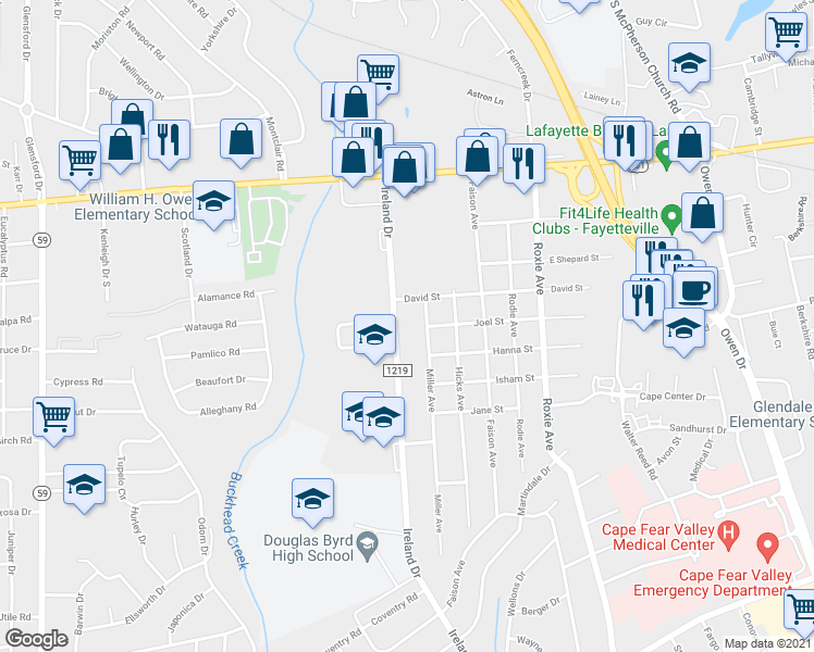 map of restaurants, bars, coffee shops, grocery stores, and more near 1313 Ireland Drive in Fayetteville