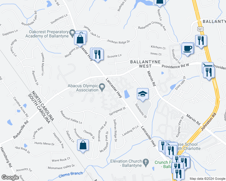 map of restaurants, bars, coffee shops, grocery stores, and more near 14507 Crociani Drive in Charlotte