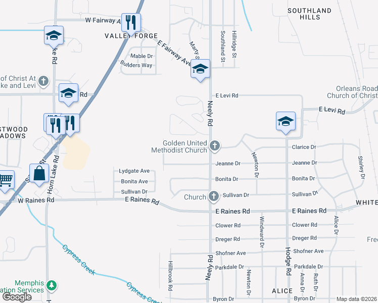 map of restaurants, bars, coffee shops, grocery stores, and more near 170 Jeanne Drive in Memphis