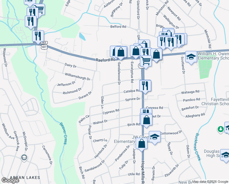 map of restaurants, bars, coffee shops, grocery stores, and more near 5203 Catalpa Road in Fayetteville