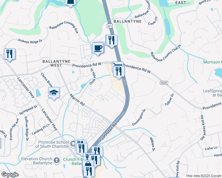 map of restaurants, bars, coffee shops, grocery stores, and more near 15838-15852 Colony Oaks Dr in Charlotte