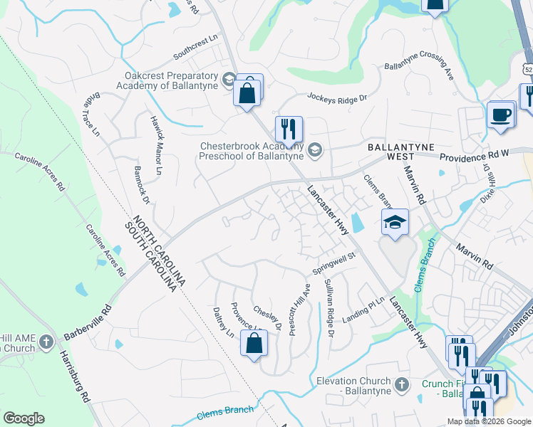 map of restaurants, bars, coffee shops, grocery stores, and more near 15514 Asterwind Court in Charlotte