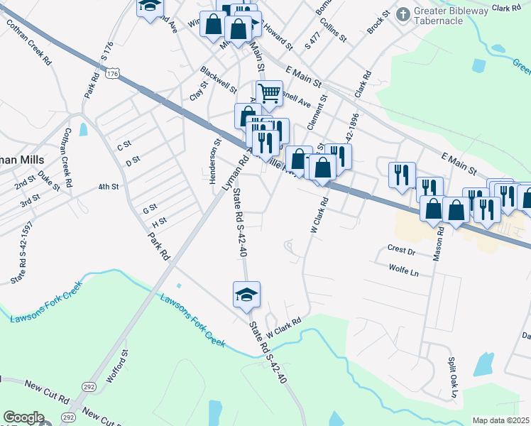map of restaurants, bars, coffee shops, grocery stores, and more near 12 Pine Street in Inman