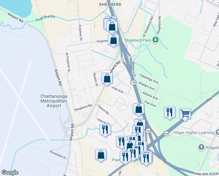 map of restaurants, bars, coffee shops, grocery stores, and more near 6000 Fisk Avenue in Chattanooga
