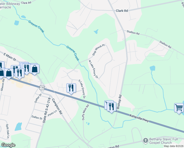 map of restaurants, bars, coffee shops, grocery stores, and more near 230 North Lake Emory Drive in Inman