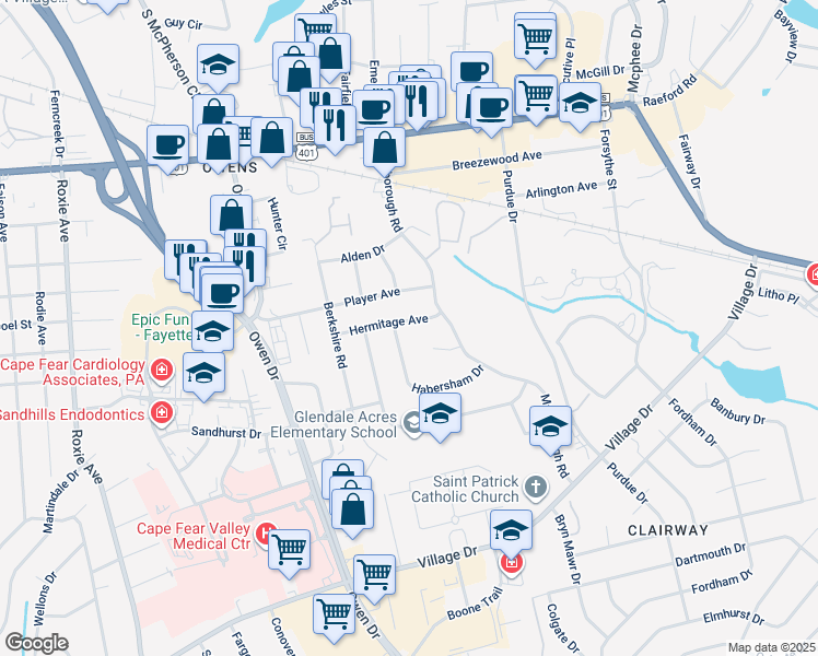 map of restaurants, bars, coffee shops, grocery stores, and more near 2813 Hermitage Avenue in Fayetteville