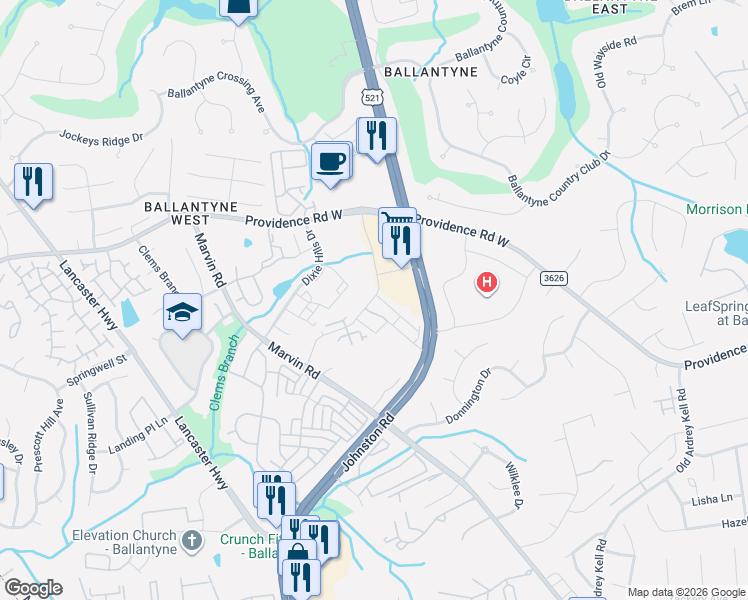 map of restaurants, bars, coffee shops, grocery stores, and more near 15838-15852 Colony Oaks Dr in Charlotte