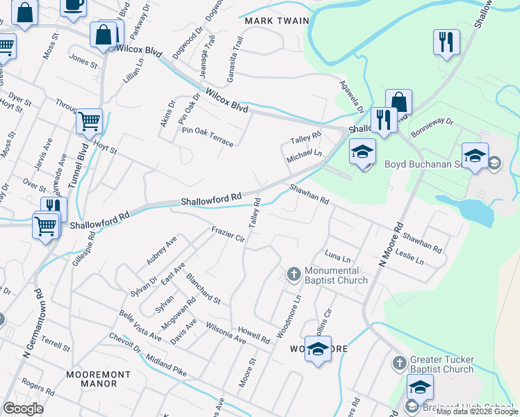 map of restaurants, bars, coffee shops, grocery stores, and more near 1015 Talley Road in Chattanooga