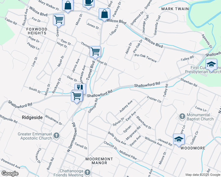 map of restaurants, bars, coffee shops, grocery stores, and more near 930 Shallowford Road in Chattanooga