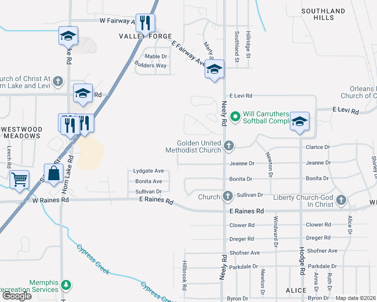 map of restaurants, bars, coffee shops, grocery stores, and more near 124 Jeanne Drive in Memphis