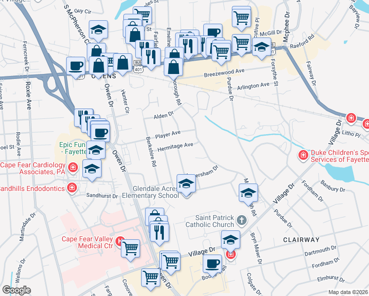 map of restaurants, bars, coffee shops, grocery stores, and more near 2813 Hermitage Avenue in Fayetteville