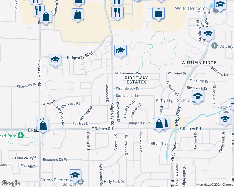 map of restaurants, bars, coffee shops, grocery stores, and more near 6220 Scarletcrest Lane in Memphis
