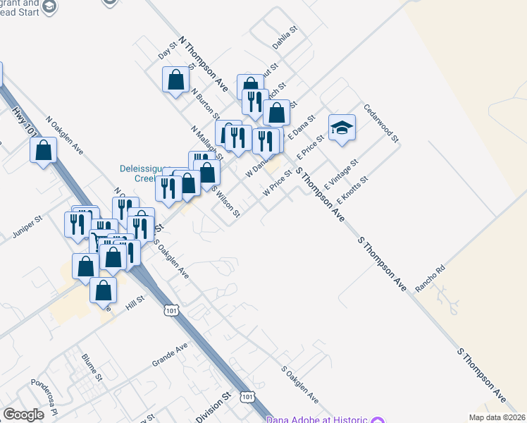 map of restaurants, bars, coffee shops, grocery stores, and more near 201 West Bennett Street in Nipomo