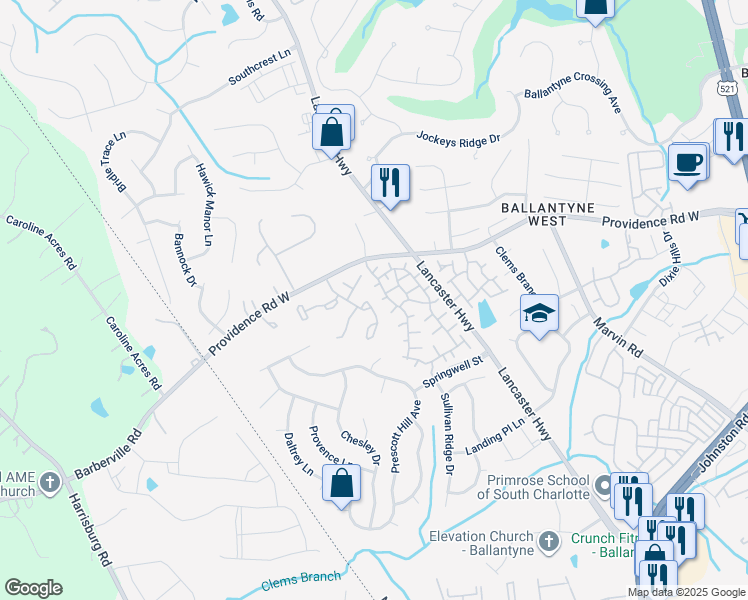 map of restaurants, bars, coffee shops, grocery stores, and more near 15451 Asterwind Court in Charlotte
