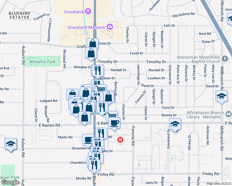 map of restaurants, bars, coffee shops, grocery stores, and more near 4008 Barton Dr in Memphis