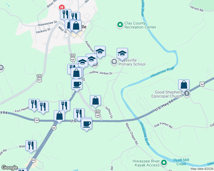map of restaurants, bars, coffee shops, grocery stores, and more near 197 Robins Way Drive in Hayesville