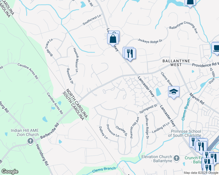 map of restaurants, bars, coffee shops, grocery stores, and more near 12402 Bluestem Lane in Charlotte