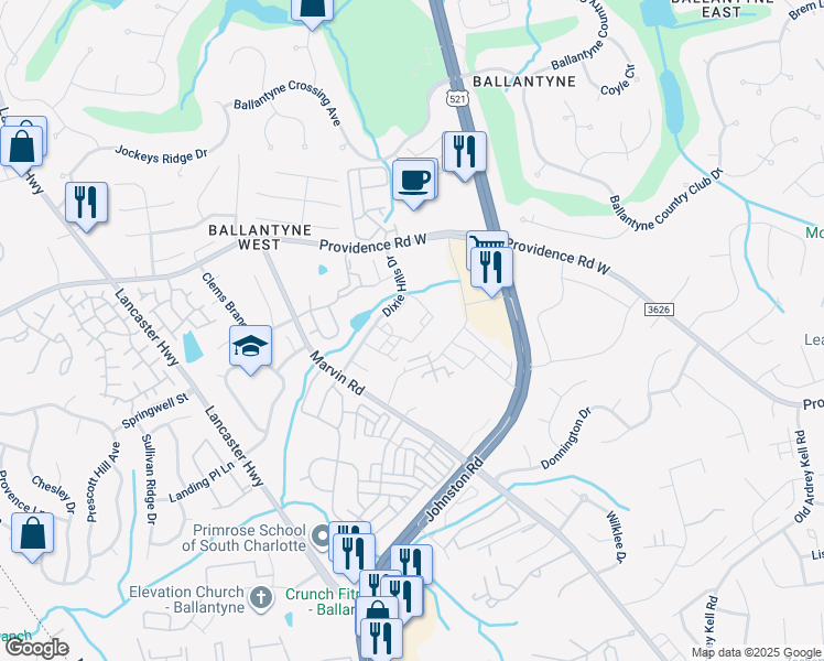 map of restaurants, bars, coffee shops, grocery stores, and more near 15705 Colony Oaks Drive in Charlotte