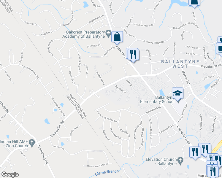 map of restaurants, bars, coffee shops, grocery stores, and more near 12414 Bluestem Lane in Charlotte