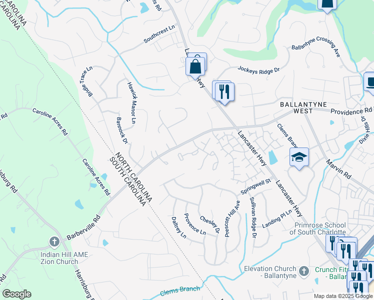 map of restaurants, bars, coffee shops, grocery stores, and more near 12593 Bluestem Lane in Charlotte