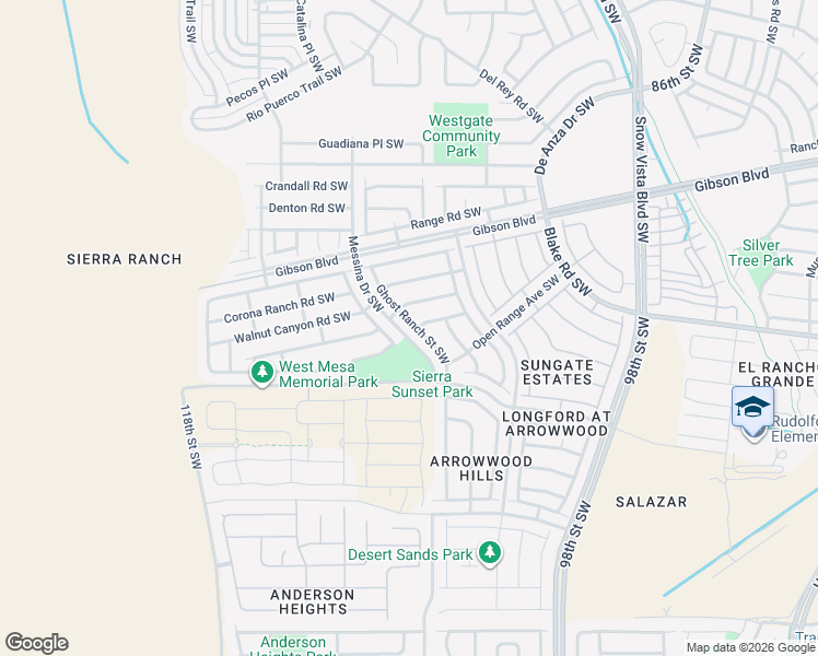 map of restaurants, bars, coffee shops, grocery stores, and more near 2601 Ghost Ranch Street Southwest in Albuquerque