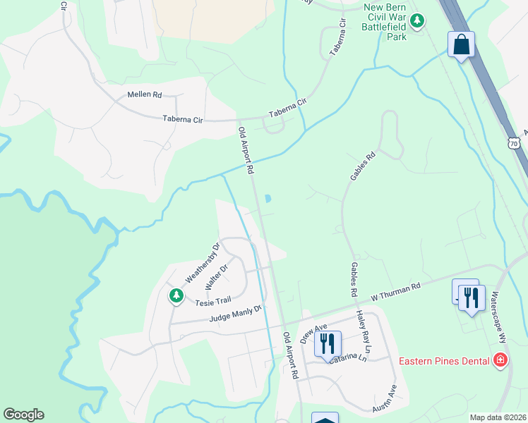 map of restaurants, bars, coffee shops, grocery stores, and more near 101 Daughety Court in New Bern