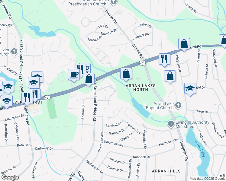 map of restaurants, bars, coffee shops, grocery stores, and more near 1123 Southwood Drive in Fayetteville
