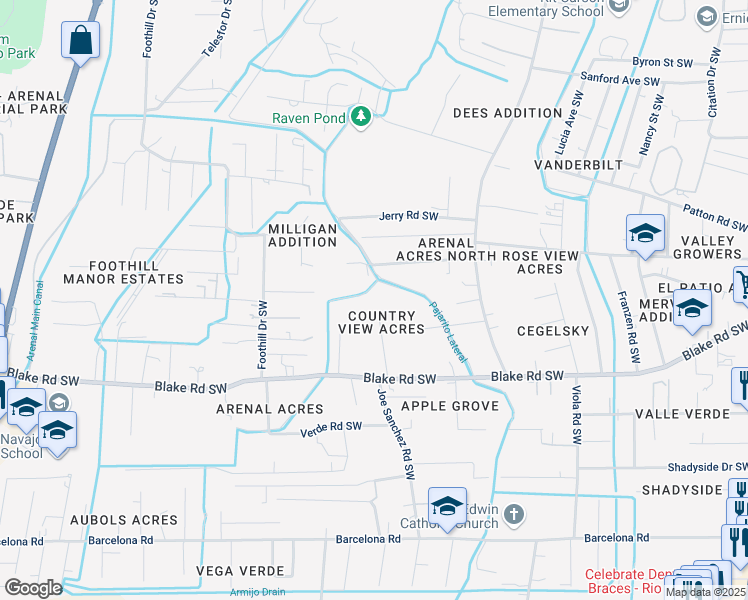 map of restaurants, bars, coffee shops, grocery stores, and more near 2500 Camellia Court Southwest in Albuquerque