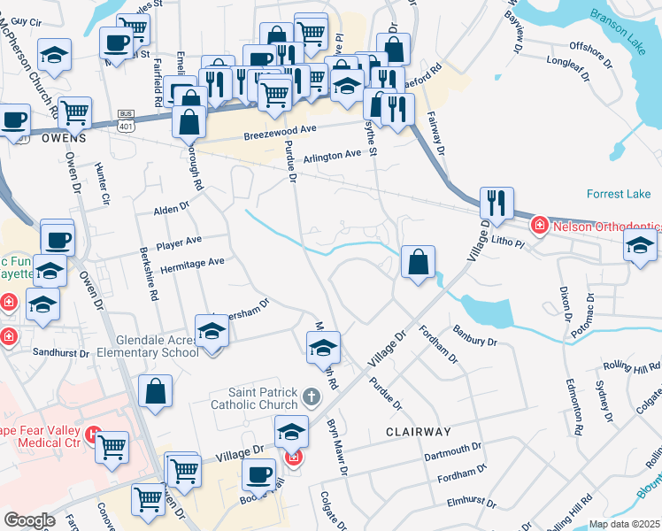 map of restaurants, bars, coffee shops, grocery stores, and more near 1782 Fordham Drive in Fayetteville