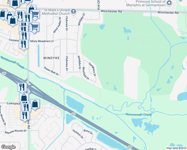 map of restaurants, bars, coffee shops, grocery stores, and more near 4029 Sawgrass Drive in Memphis