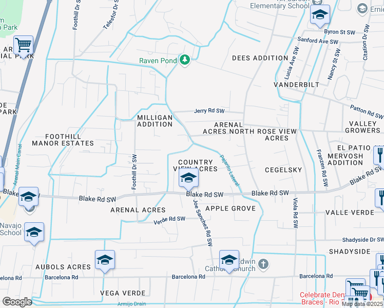 map of restaurants, bars, coffee shops, grocery stores, and more near 2500 Camellia Court Southwest in Albuquerque