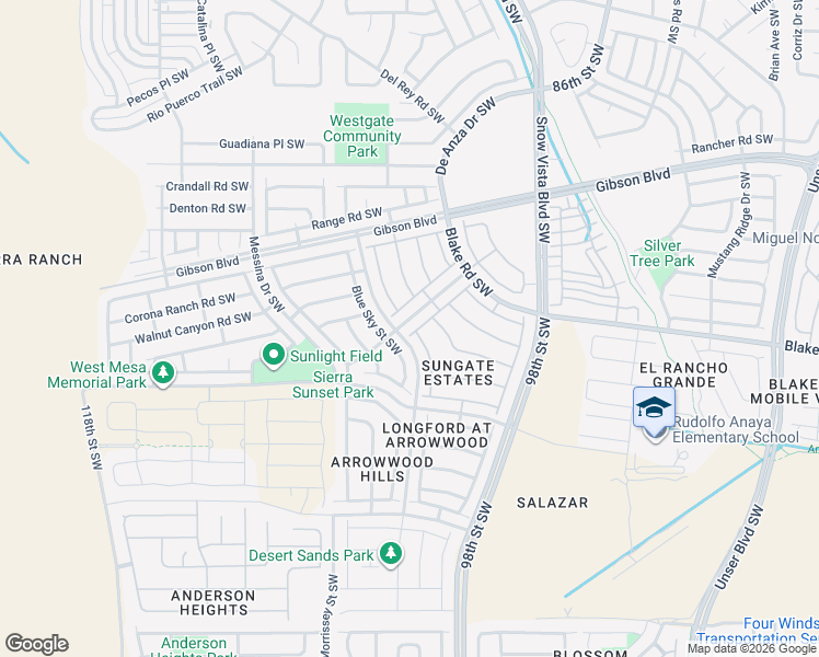 map of restaurants, bars, coffee shops, grocery stores, and more near 2700 Blue Sky Street Southwest in Albuquerque