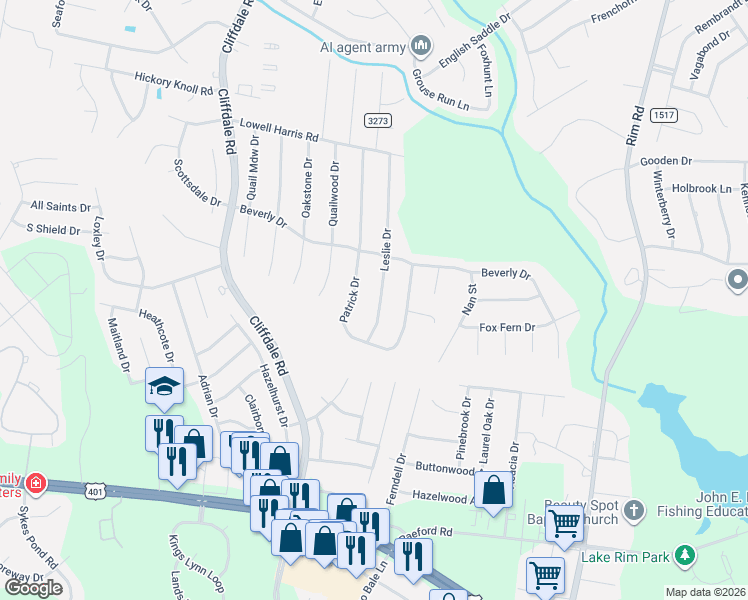 map of restaurants, bars, coffee shops, grocery stores, and more near 1127 Leslie Drive in Fayetteville
