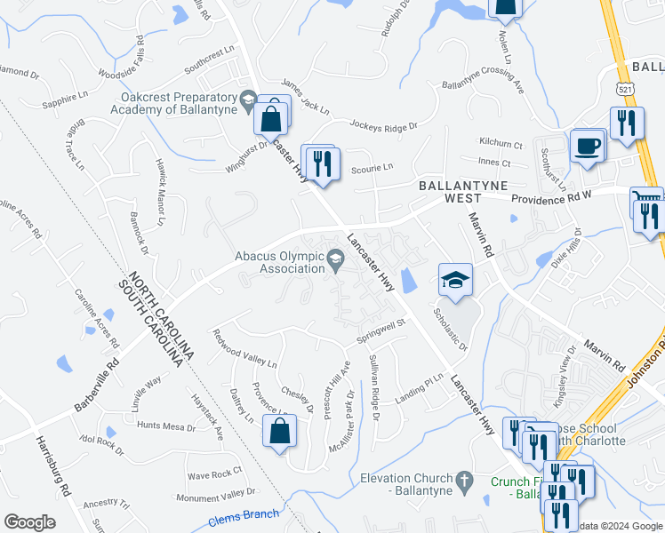 map of restaurants, bars, coffee shops, grocery stores, and more near 15308 Jade Street in Charlotte