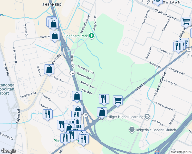 map of restaurants, bars, coffee shops, grocery stores, and more near 6320 Walden Avenue in Chattanooga