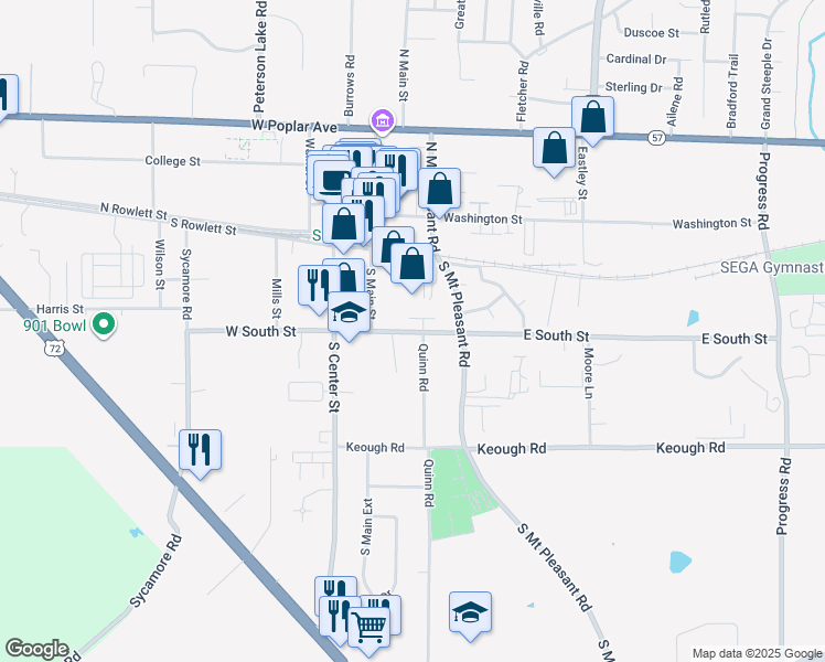 map of restaurants, bars, coffee shops, grocery stores, and more near 241 Quinn Road in Collierville