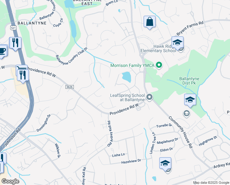 map of restaurants, bars, coffee shops, grocery stores, and more near 10234 Willow Rock Drive in Charlotte