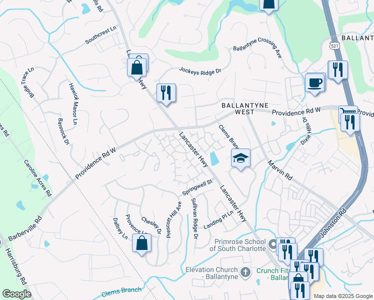 map of restaurants, bars, coffee shops, grocery stores, and more near 15429 Barossa Valley Street in Charlotte