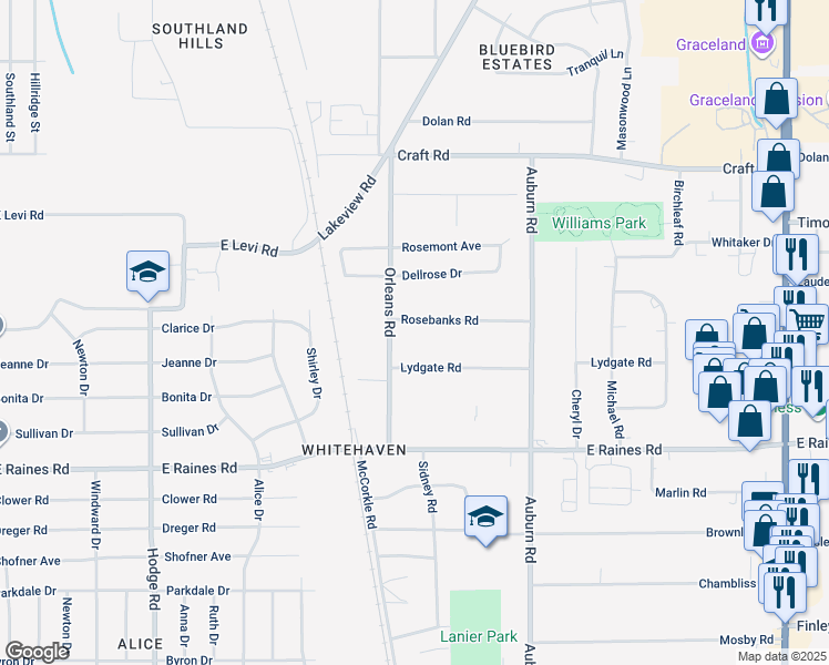map of restaurants, bars, coffee shops, grocery stores, and more near 750 Lydgate Road in Memphis
