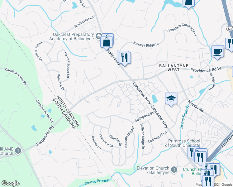 map of restaurants, bars, coffee shops, grocery stores, and more near 15425 Asterwind Court in Charlotte