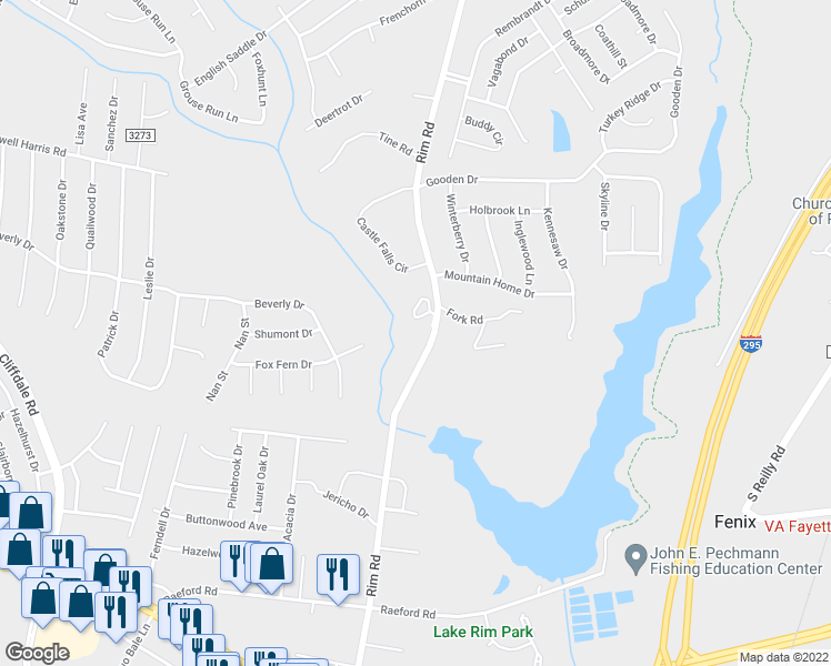 map of restaurants, bars, coffee shops, grocery stores, and more near 1874 Rim Road in Fayetteville